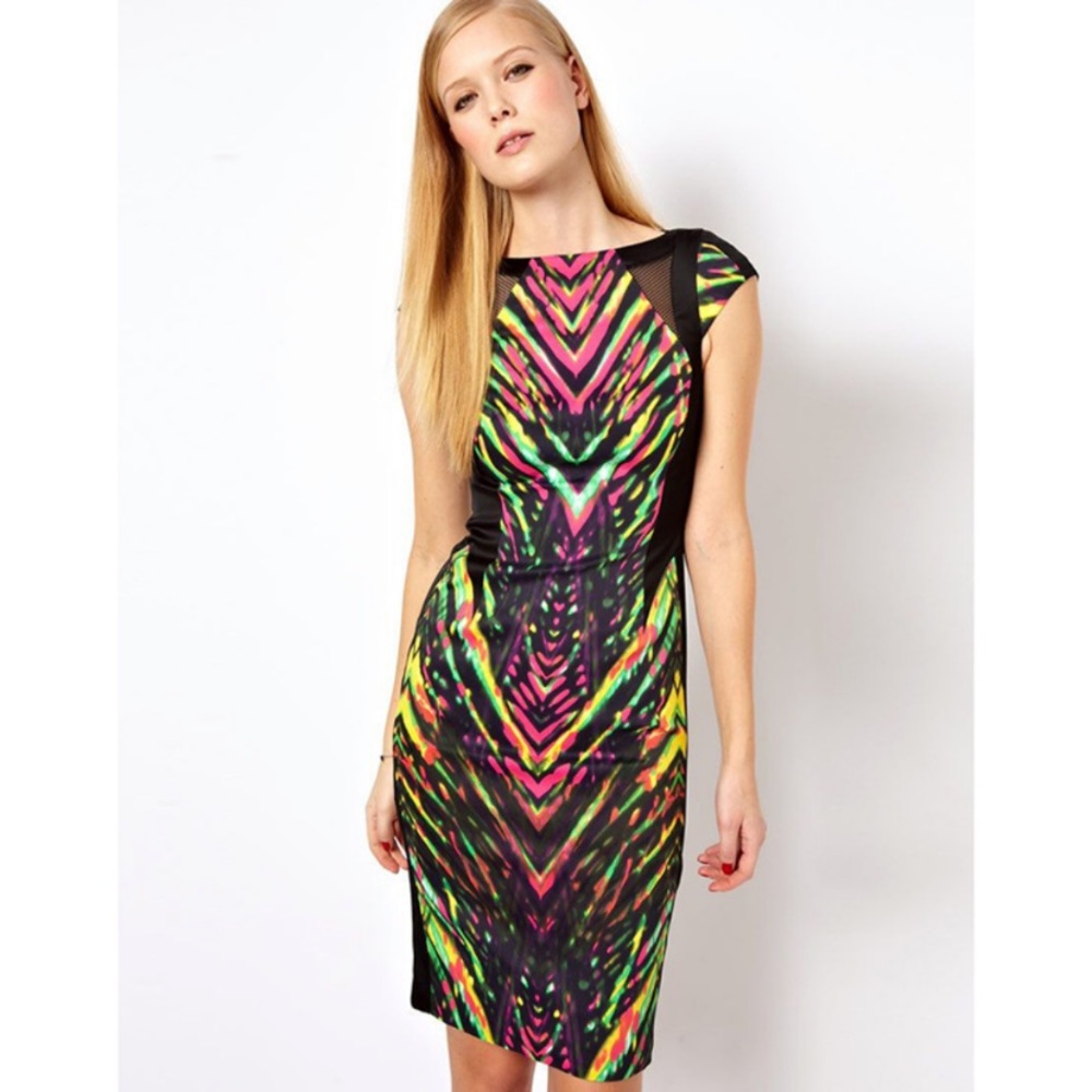 Karen Millen Neon Statement Zig Zag Dress Size 4